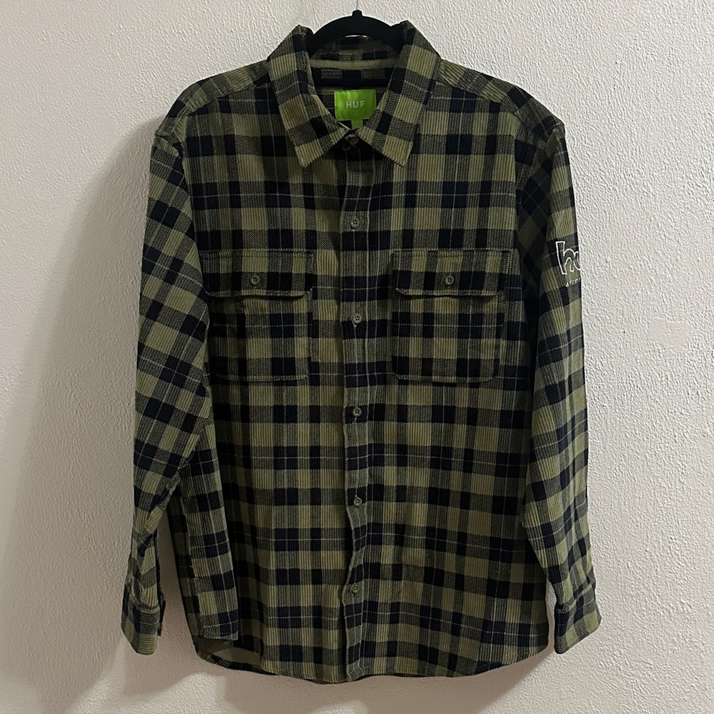 HUF Men's Green and Black Plaid Shirt